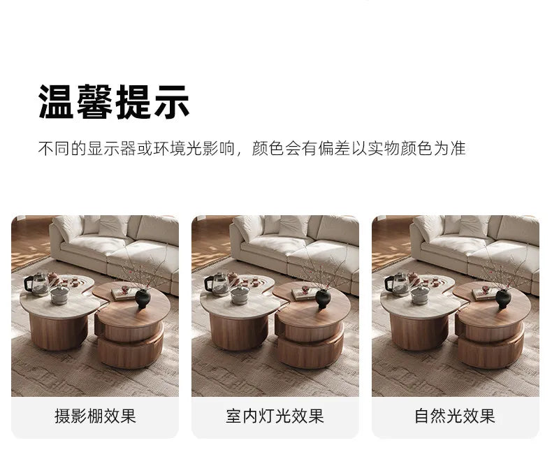 Round Coffee Table Set Living Room Small Space Travertine Stone Multifunctional Movable Tea Center Nordic Minimalist Furniture