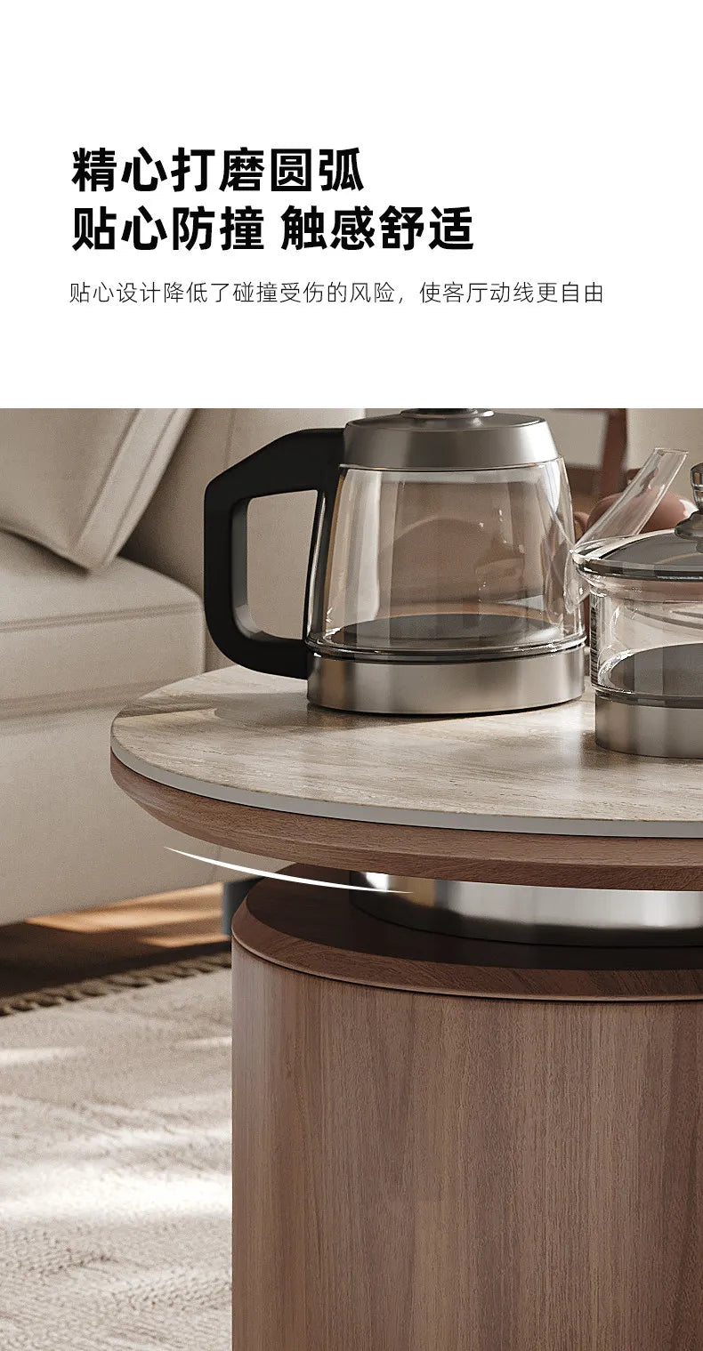 Round Coffee Table Set Living Room Small Space Travertine Stone Multifunctional Movable Tea Center Nordic Minimalist Furniture