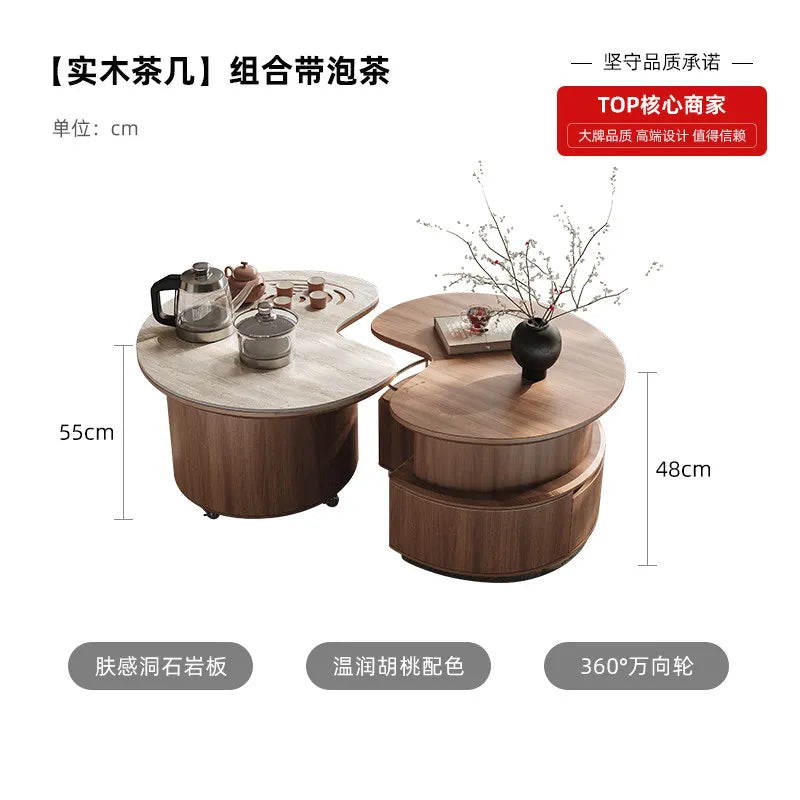 Round Coffee Table Set Living Room Small Space Travertine Stone Multifunctional Movable Tea Center Nordic Minimalist Furniture