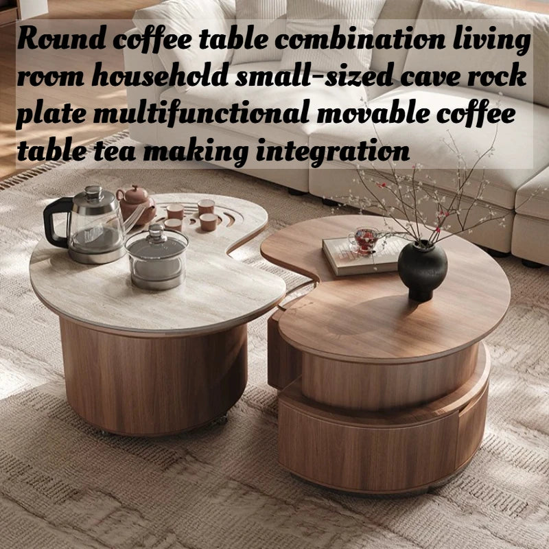 Round Coffee Table Set Living Room Small Space Travertine Stone Multifunctional Movable Tea Center Nordic Minimalist Furniture