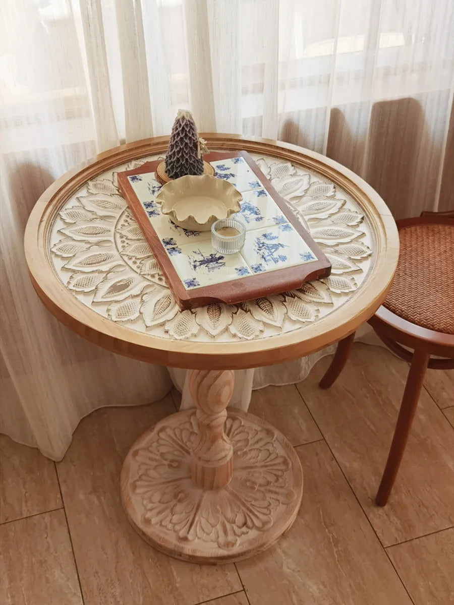 Coffee Table French Retro Sofa Side Table Solid Wood Antique Corner Table Leisure Small Round Table Moroccan B&B Carved