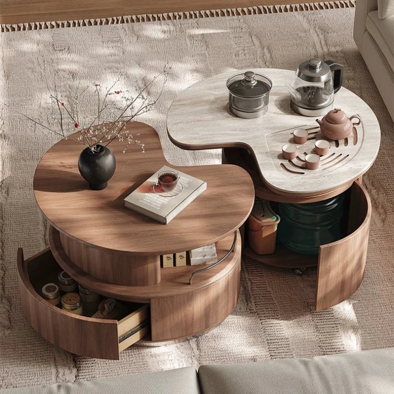 Round Coffee Table Set Living Room Small Space Travertine Stone Multifunctional Movable Tea Center Nordic Minimalist Furniture
