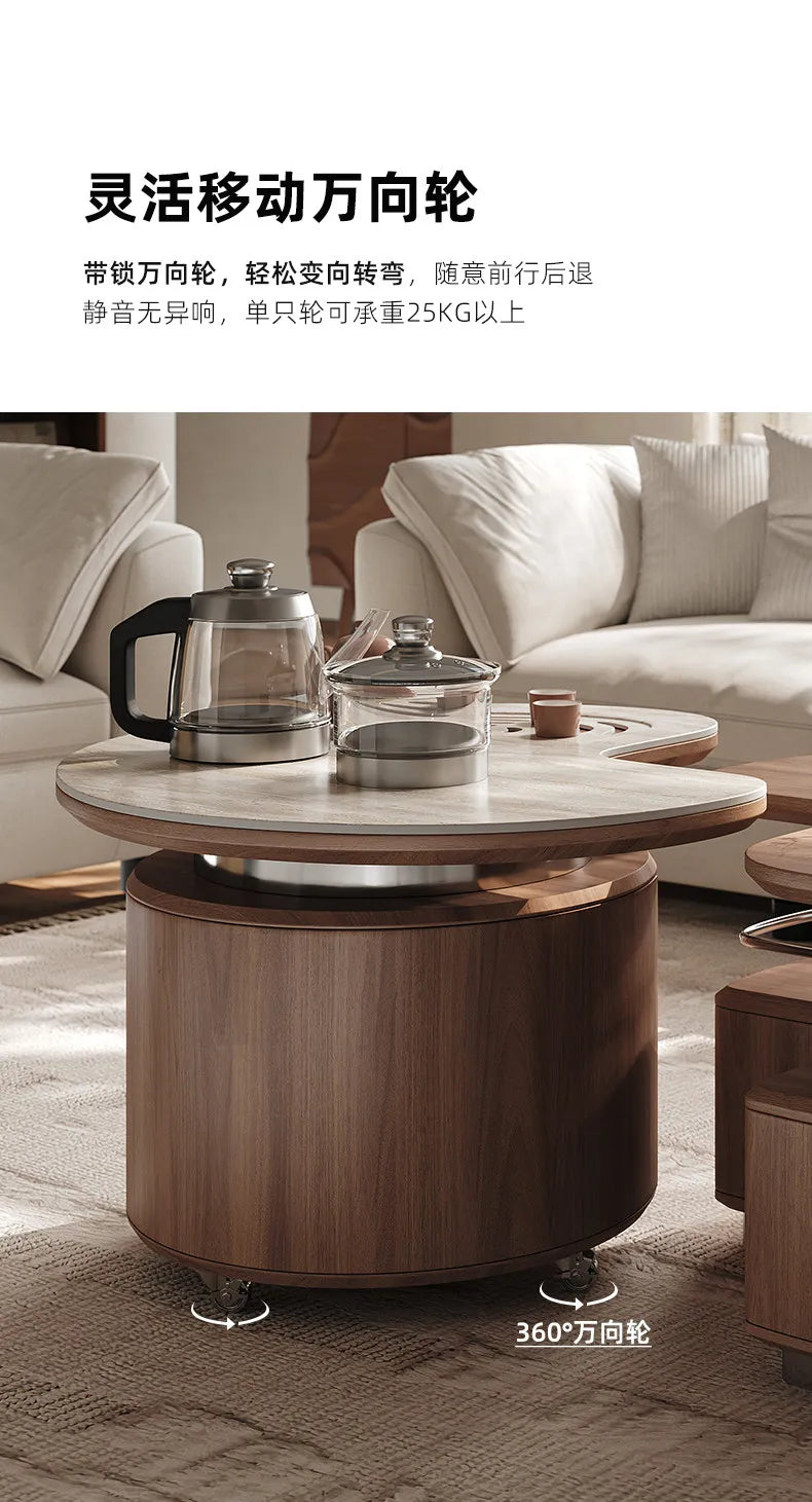 Round Coffee Table Set Living Room Small Space Travertine Stone Multifunctional Movable Tea Center Nordic Minimalist Furniture