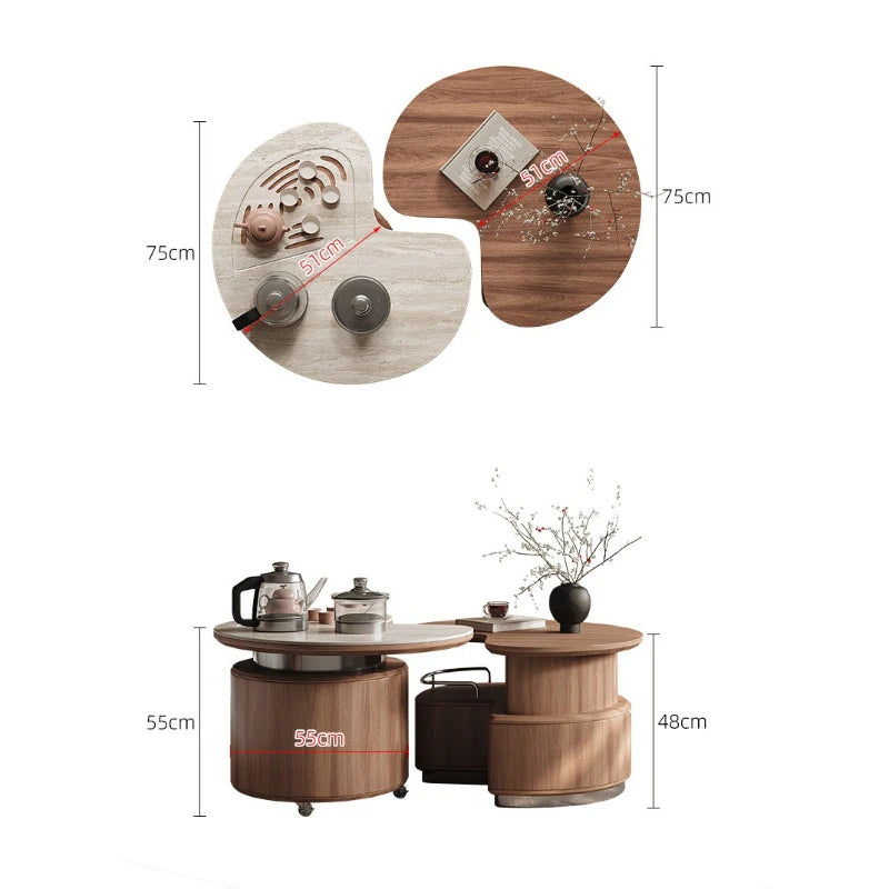 Round Coffee Table Set Living Room Small Space Travertine Stone Multifunctional Movable Tea Center Nordic Minimalist Furniture
