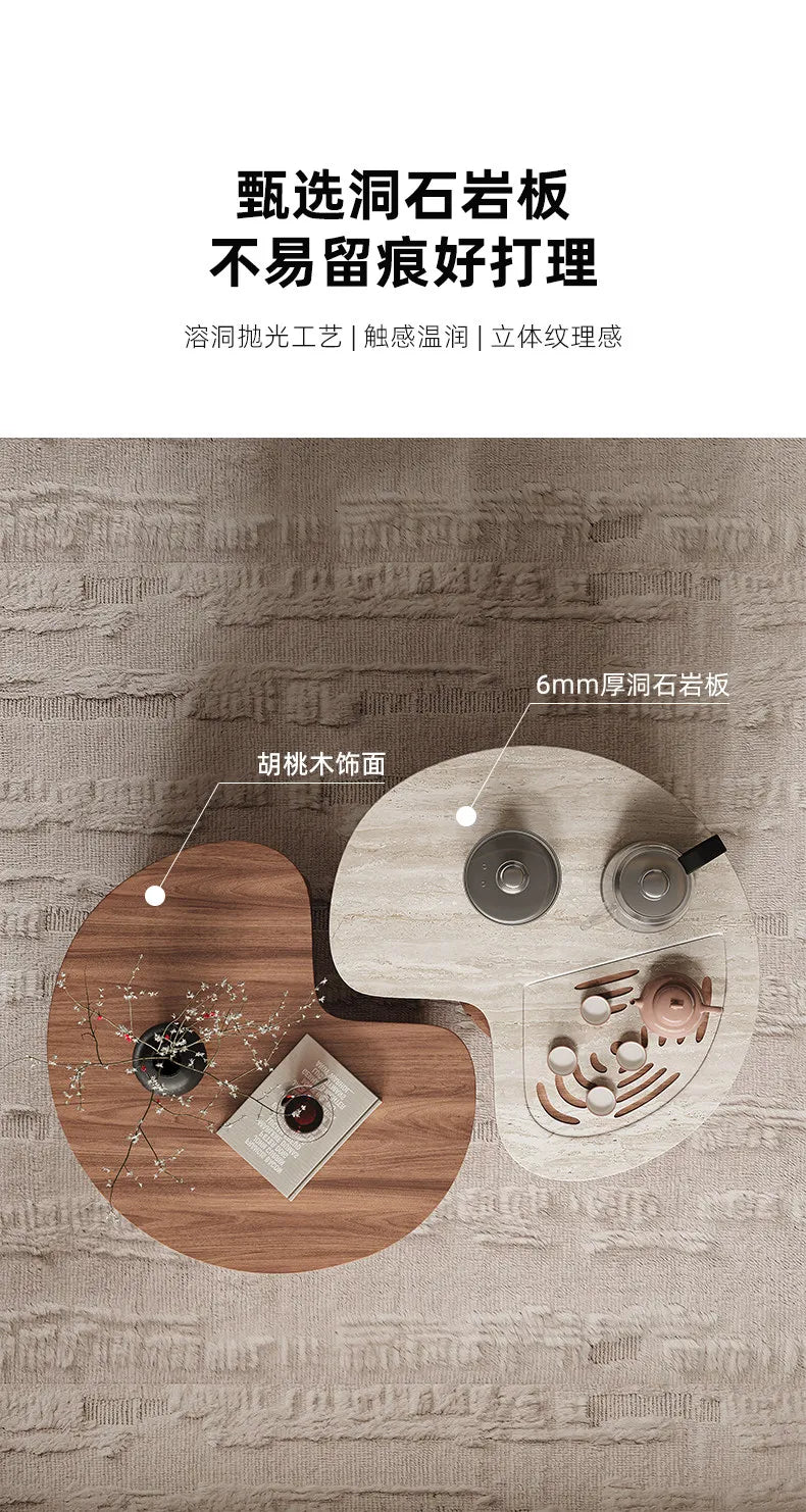 Round Coffee Table Set Living Room Small Space Travertine Stone Multifunctional Movable Tea Center Nordic Minimalist Furniture