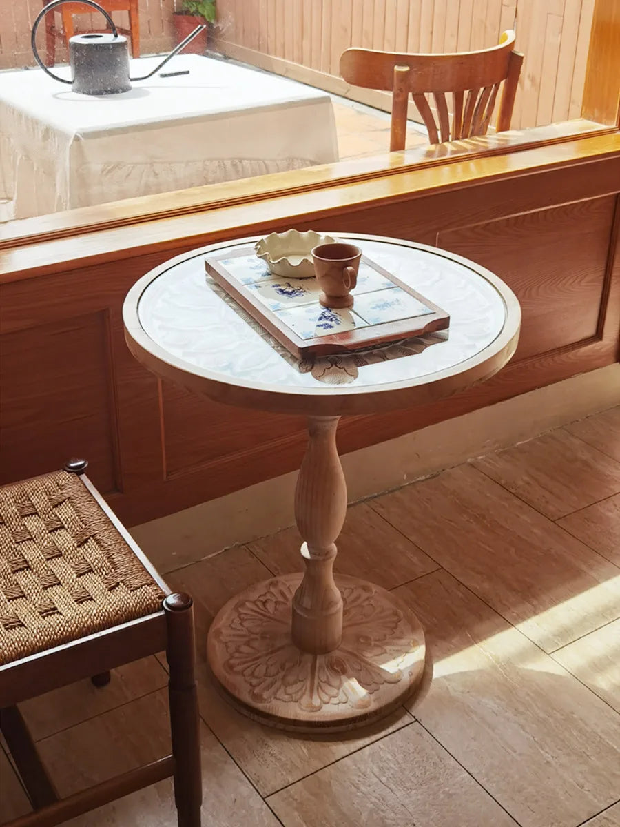 Coffee Table French Retro Sofa Side Table Solid Wood Antique Corner Table Leisure Small Round Table Moroccan B&B Carved