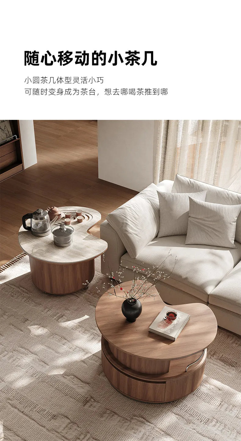 Round Coffee Table Set Living Room Small Space Travertine Stone Multifunctional Movable Tea Center Nordic Minimalist Furniture