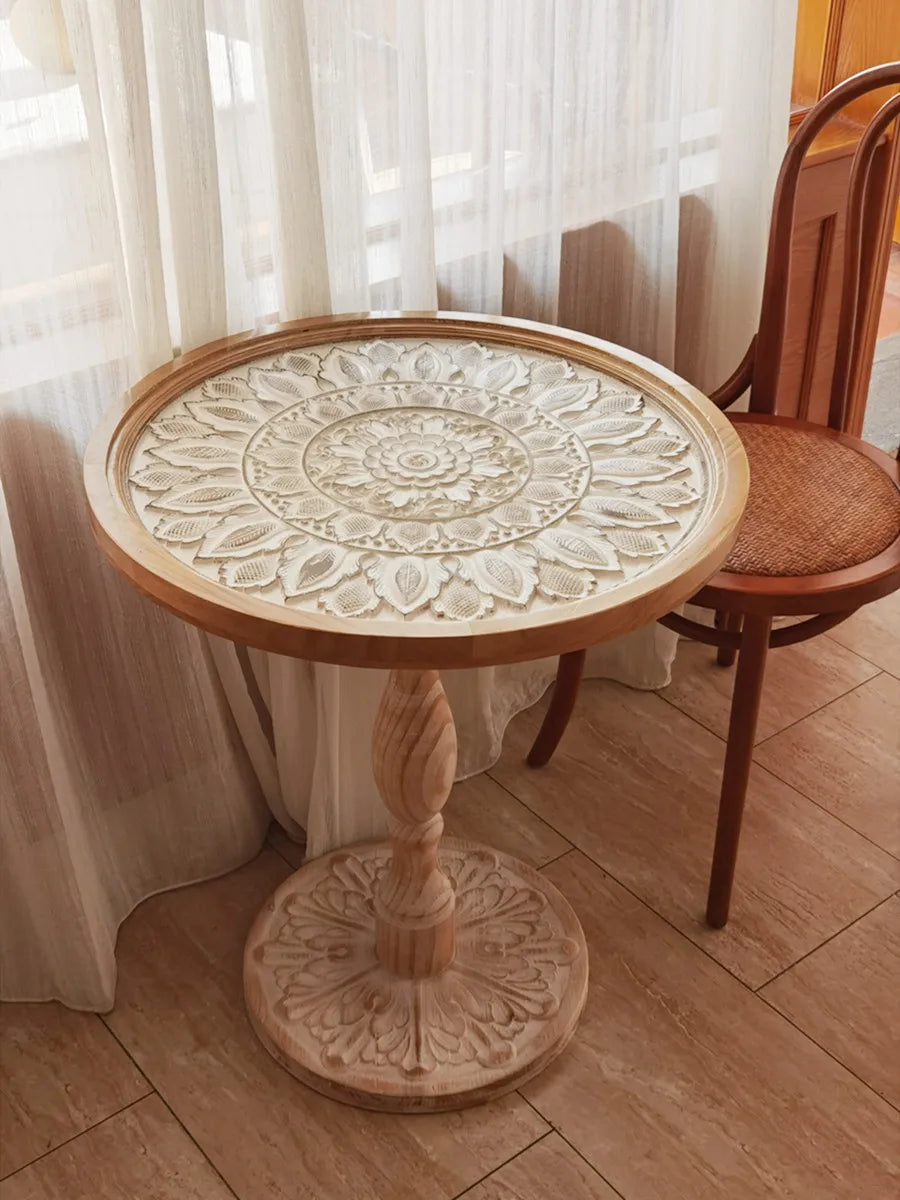 Coffee Table French Retro Sofa Side Table Solid Wood Antique Corner Table Leisure Small Round Table Moroccan B&B Carved