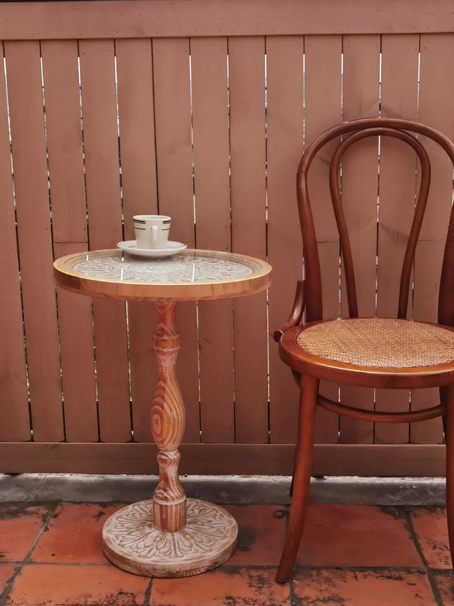 Coffee Table French Retro Sofa Side Table Solid Wood Antique Corner Table Leisure Small Round Table Moroccan B&B Carved
