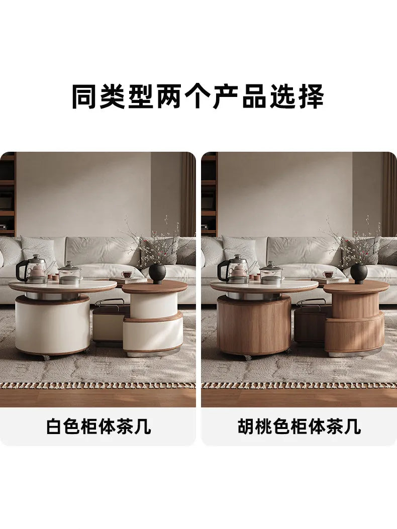 Round Coffee Table Set Living Room Small Space Travertine Stone Multifunctional Movable Tea Center Nordic Minimalist Furniture
