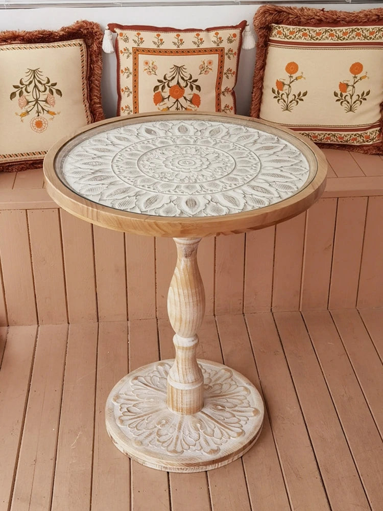 Coffee Table French Retro Sofa Side Table Solid Wood Antique Corner Table Leisure Small Round Table Moroccan B&B Carved
