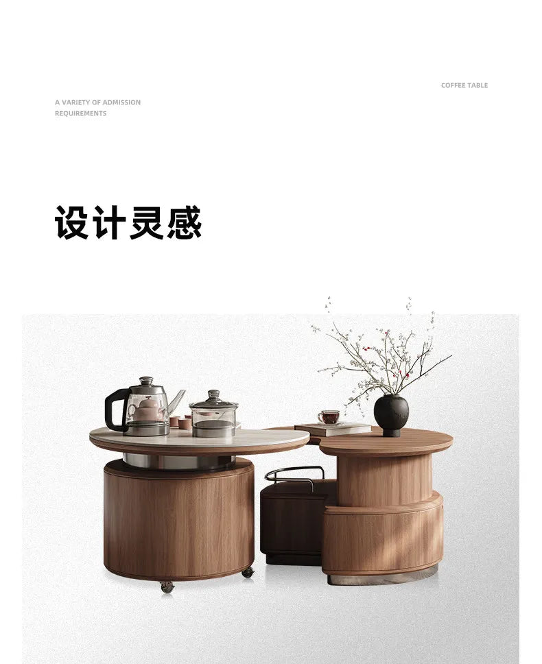 Round Coffee Table Set Living Room Small Space Travertine Stone Multifunctional Movable Tea Center Nordic Minimalist Furniture