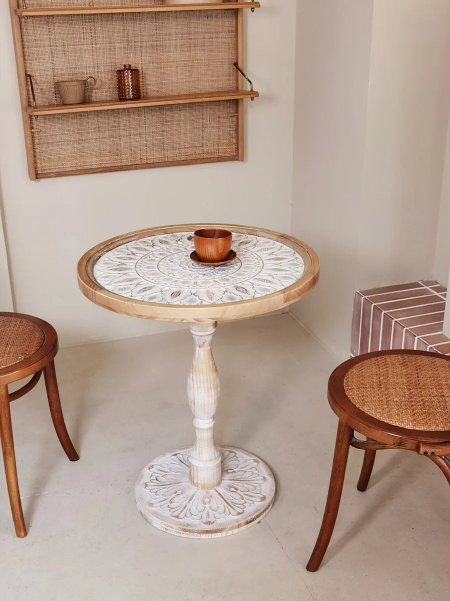 Coffee Table French Retro Sofa Side Table Solid Wood Antique Corner Table Leisure Small Round Table Moroccan B&B Carved