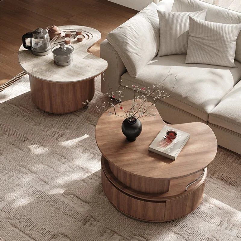 Round Coffee Table Set Living Room Small Space Travertine Stone Multifunctional Movable Tea Center Nordic Minimalist Furniture