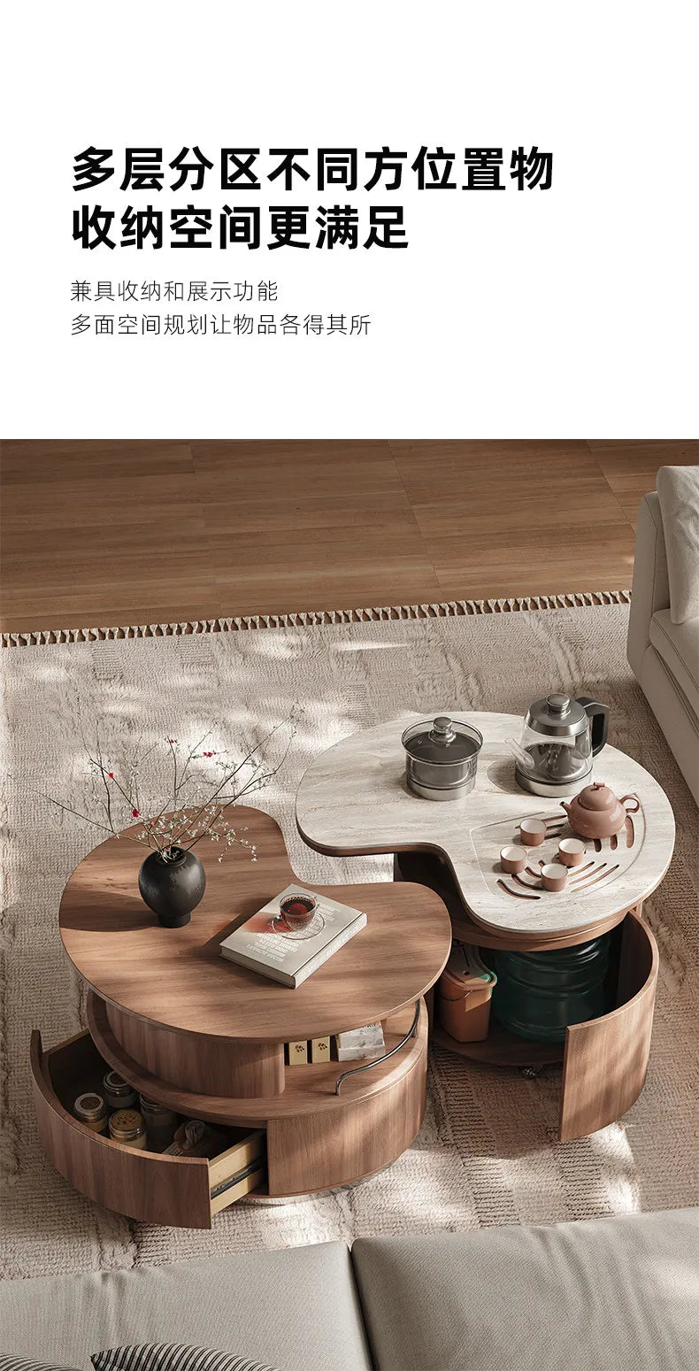 Round Coffee Table Set Living Room Small Space Travertine Stone Multifunctional Movable Tea Center Nordic Minimalist Furniture