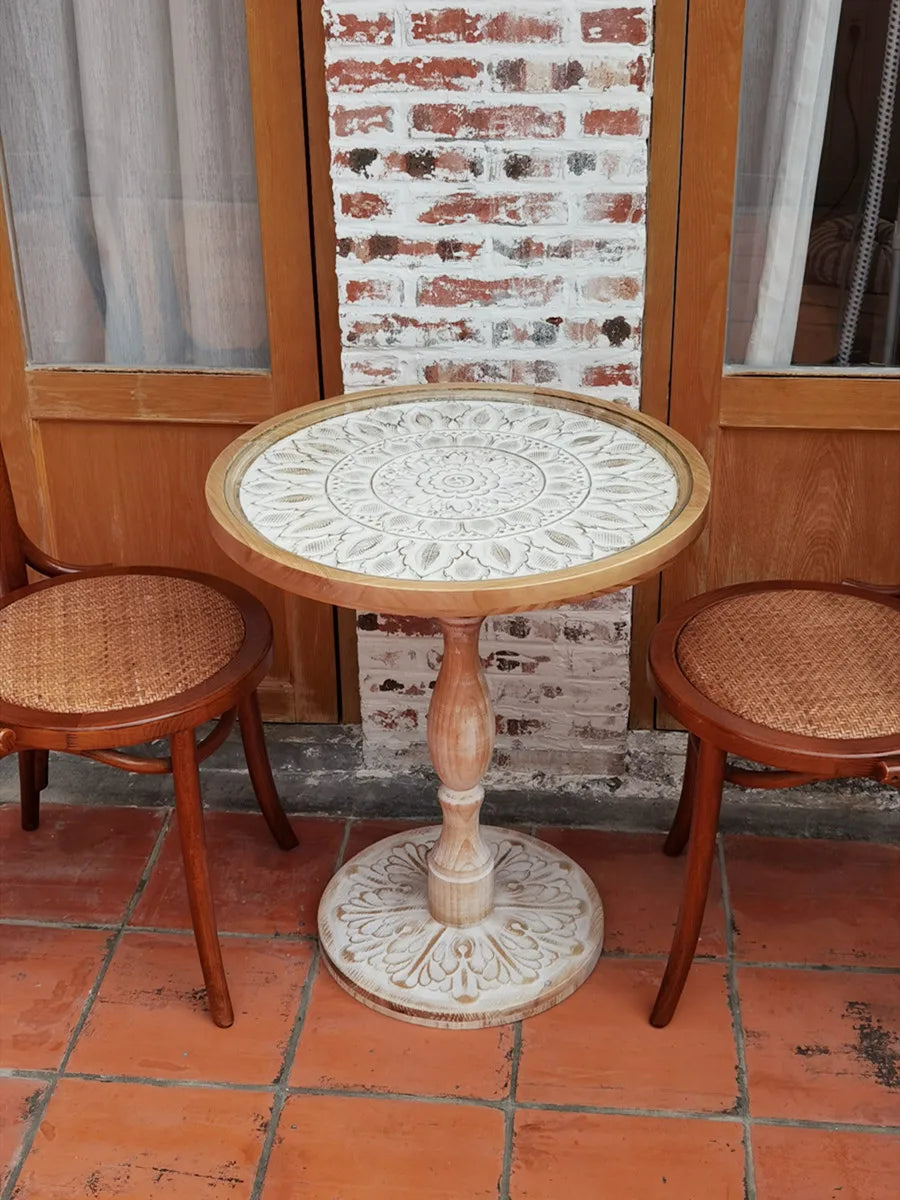 Coffee Table French Retro Sofa Side Table Solid Wood Antique Corner Table Leisure Small Round Table Moroccan B&B Carved