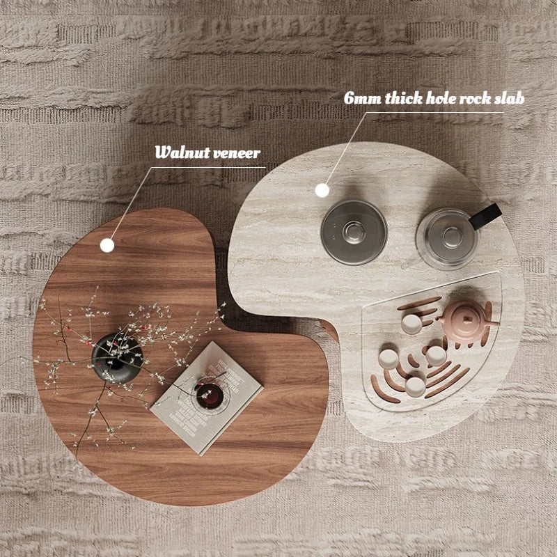 Round Coffee Table Set Living Room Small Space Travertine Stone Multifunctional Movable Tea Center Nordic Minimalist Furniture