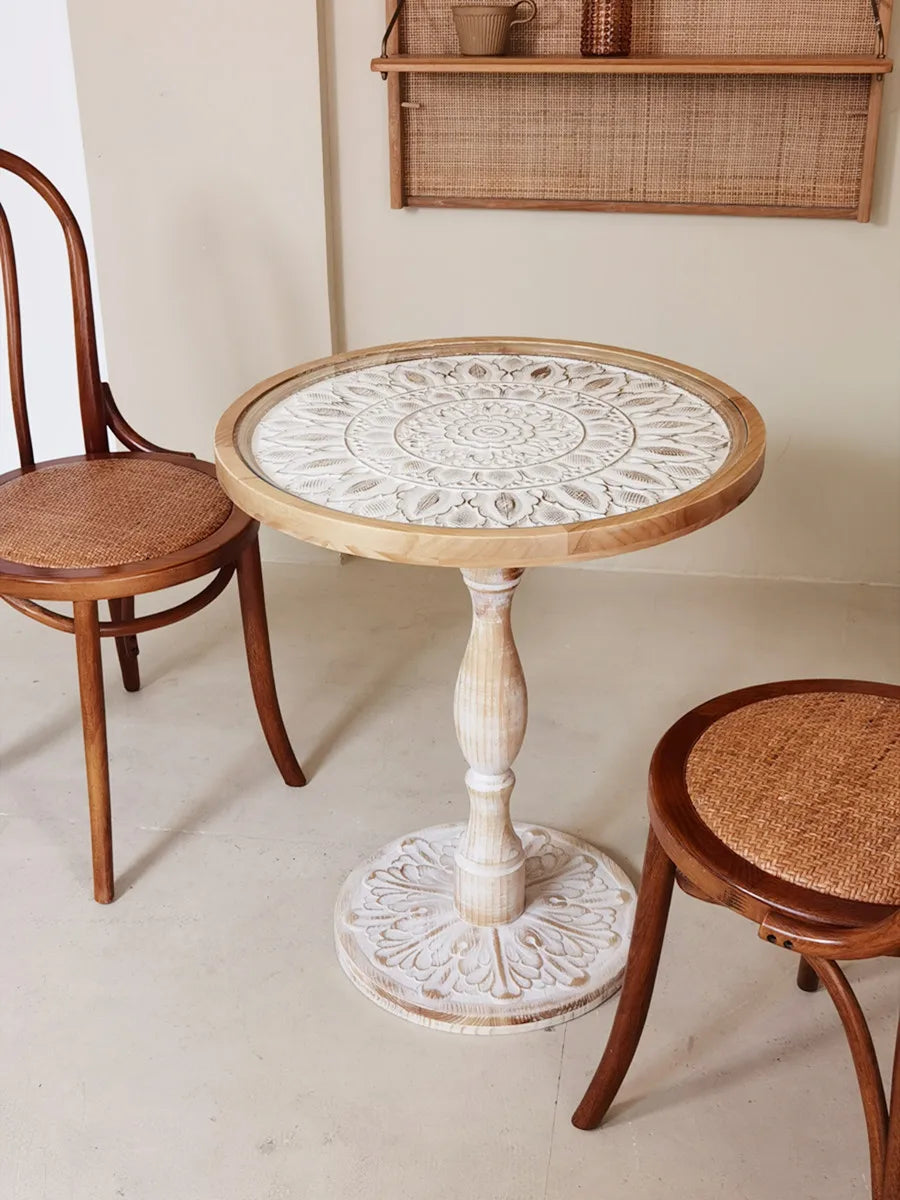 Coffee Table French Retro Sofa Side Table Solid Wood Antique Corner Table Leisure Small Round Table Moroccan B&B Carved